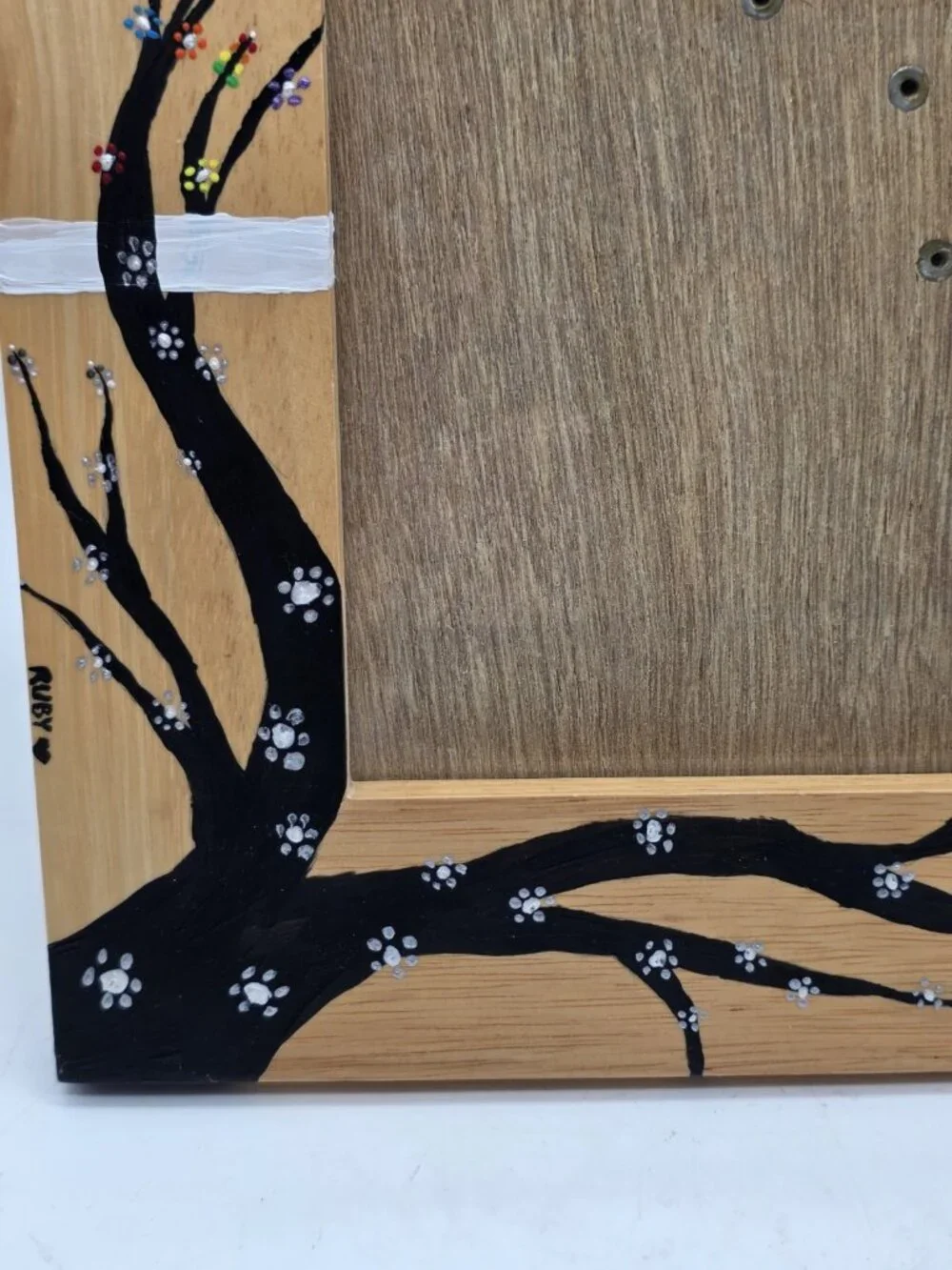 Pottery Barn Oak Picture Frame With Handpainted Black Flowering Tree Boho OOAK